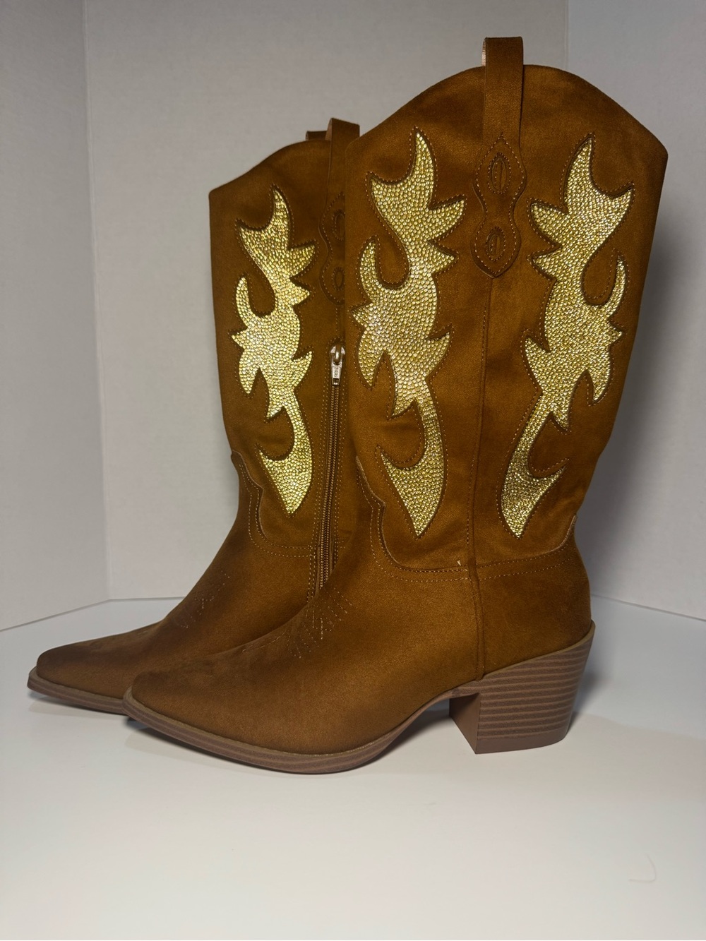 Wild Pair Lucah Cognac Cowgirl Boots Gold Sequin Detail Mid-Calf